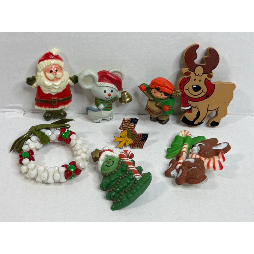 Vintage Christmas Pin Lot Kitsch Plastic Hallmark Pins 1982 Bunny Santa 7pc